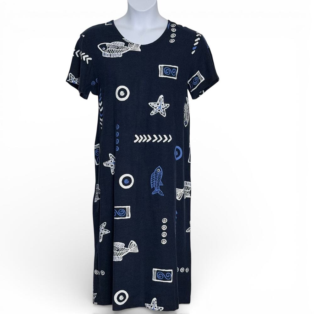 Vintage 90s Kowah Nautical T Shirt Dress Linen Rayon Navy Blue Midi USA Size L